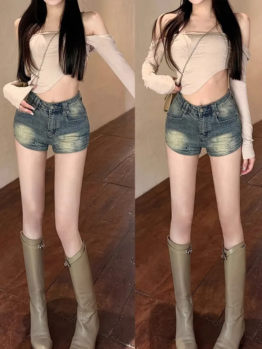 Retro Faded Denim Shorts Women Summer 2023 High Waist Sexy Tight Fit Bodycon Pants Korean Style Cool Feeling Thin Cotton Elas...