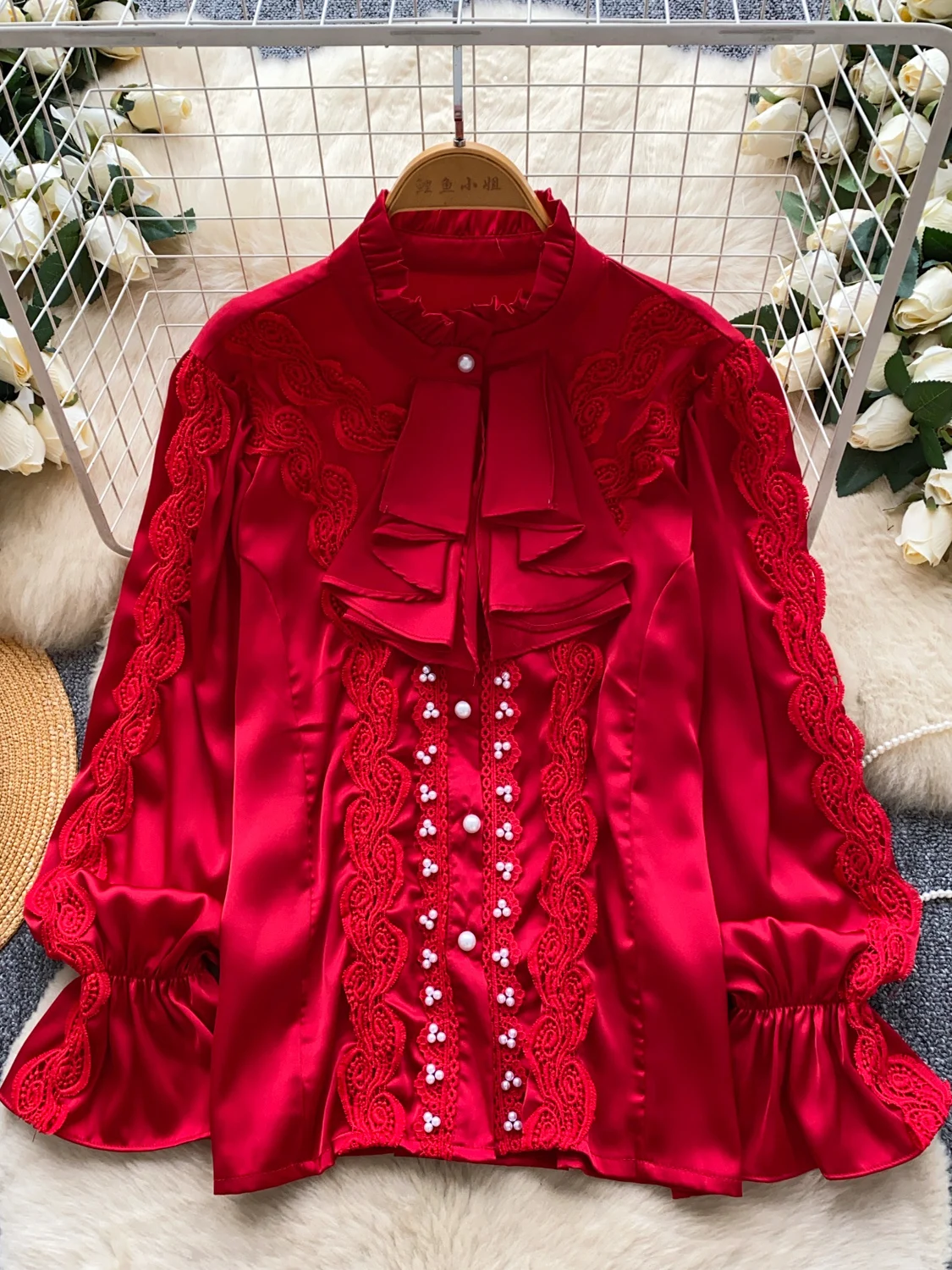 

2026 New Autumn Women Stand Collar Flare Sleeve Shirt Heavy Industry Nail Bead Lace Splicing Solid Color Satin Shirt Tops