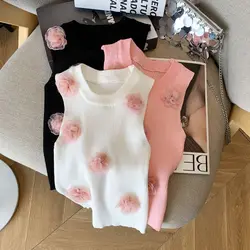 Super Fairy Beautiful Camellia Flower Ice Silk Knit Camisole Small Vest Women's Summer Wear Short Sleeveless Base Top