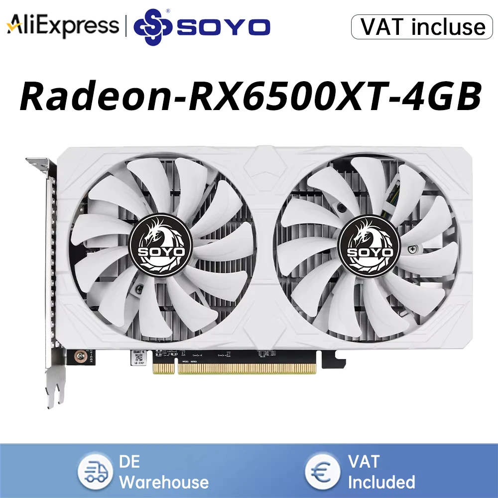SOYO AMD Radeon RX 6500 XT 4 GB Grafikkarte GDDR6 PCIEx4 4.0 6 nm 6 PIN für Desktop-Gaming, Büro- und Heimcomputer RX6500XT 4 GB
