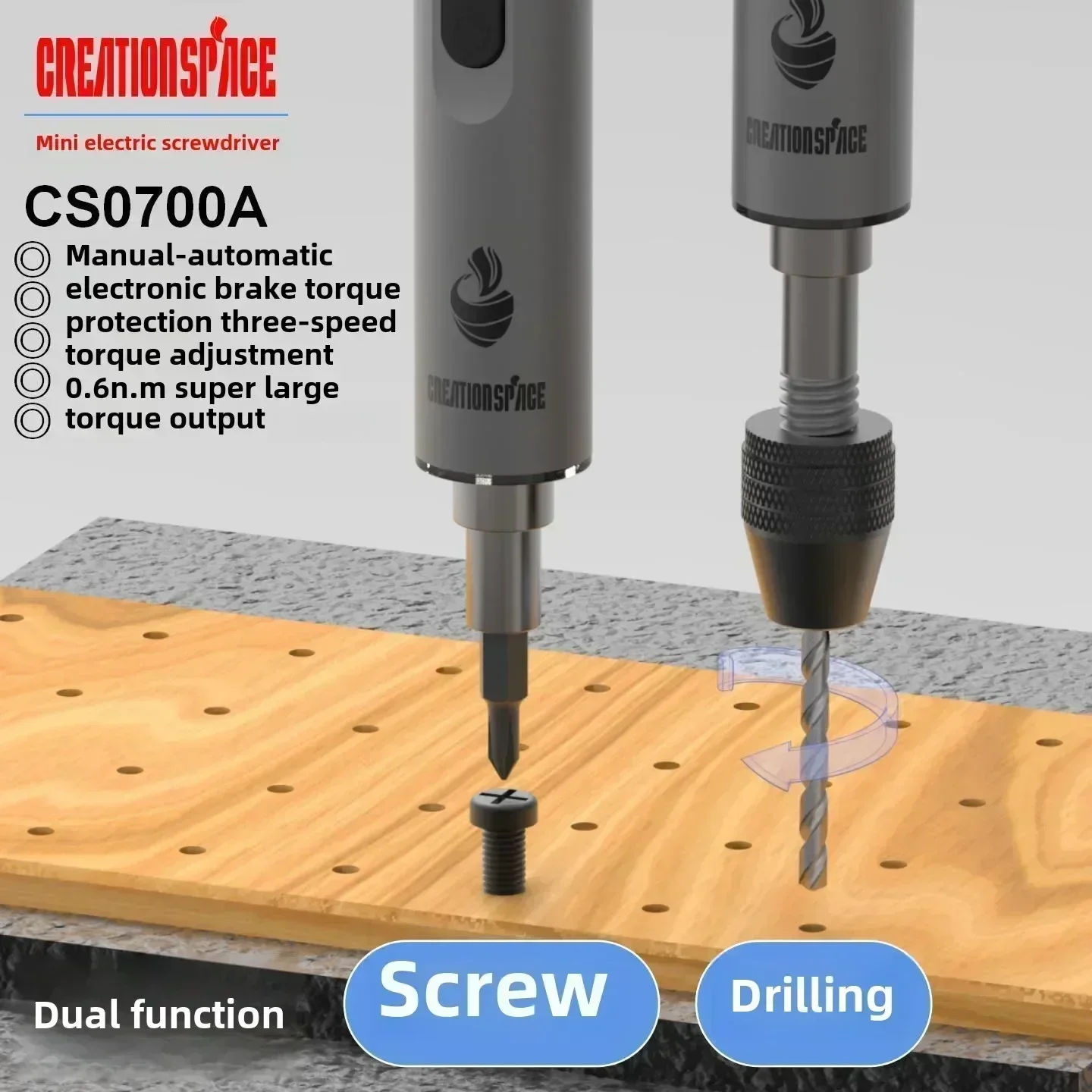 CreationSpace-CS0802A Juego de destornilladores y taladro eléctrico, mini destornillador eléctrico de doble propósito, herramientas eléctricas de perforación inalámbrica