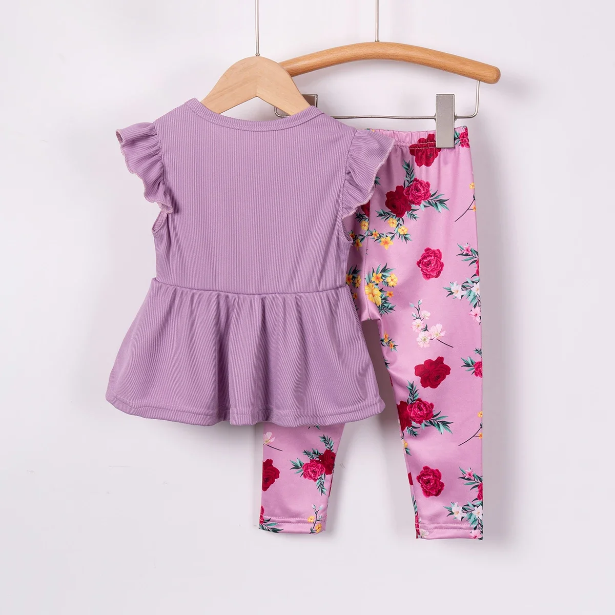 New Girls\' Set Summer Flying Sleeve Top Rose Print Casual Pants Two Piece Sweet Fashion Set Kids Clothes Girls Wholesale