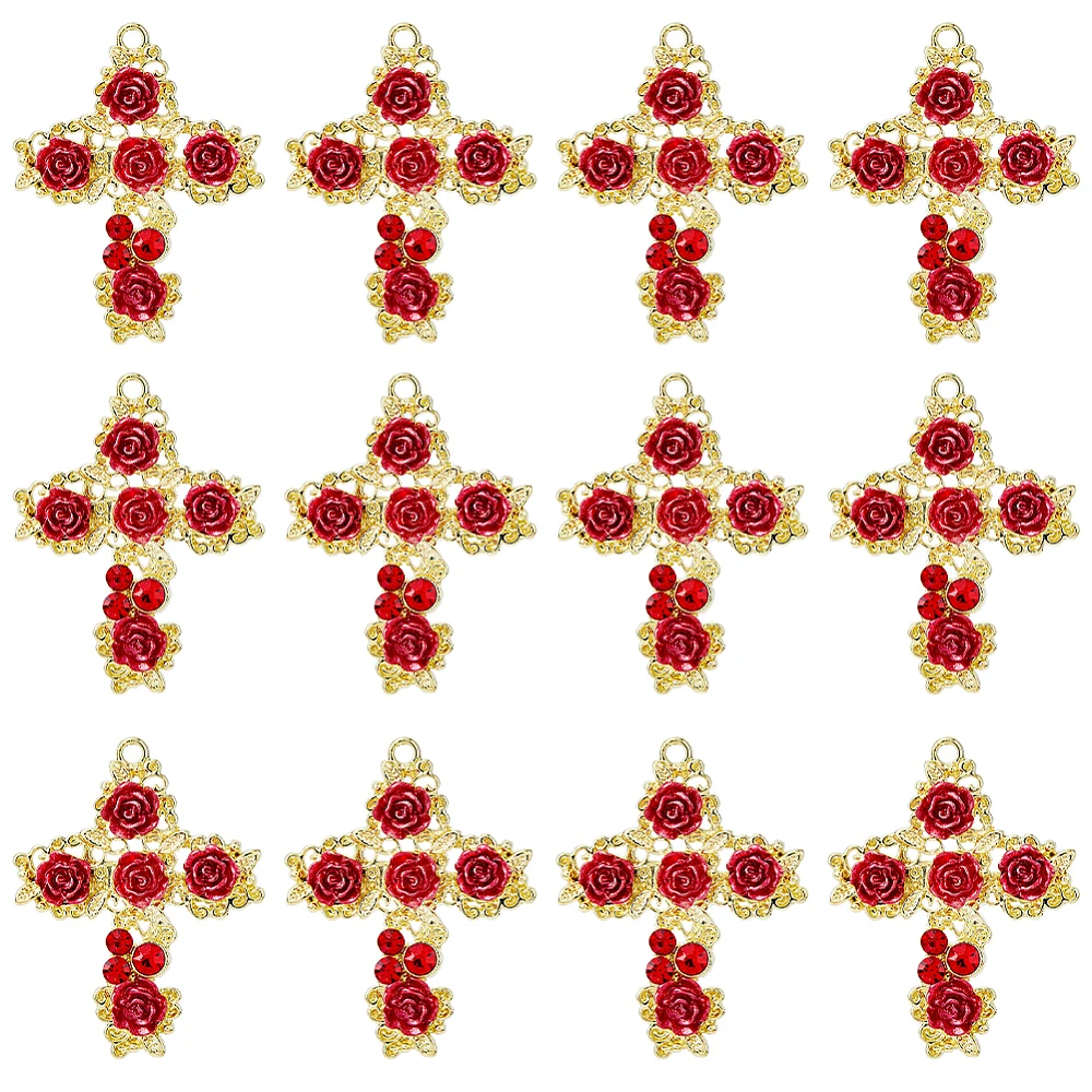 12Pcs Rack Plating Light Gold Alloy Rhinestone Pendants with Resin Rose Long-Lasting Plated with Flower Charm