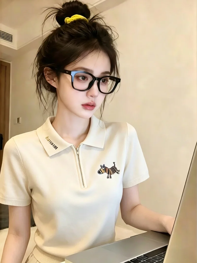 

Korean Style Straight Cut Short Sleeve Neck Knitted Top Women's Summer New Lazy Style Versatile Self-Preserving Embroidery