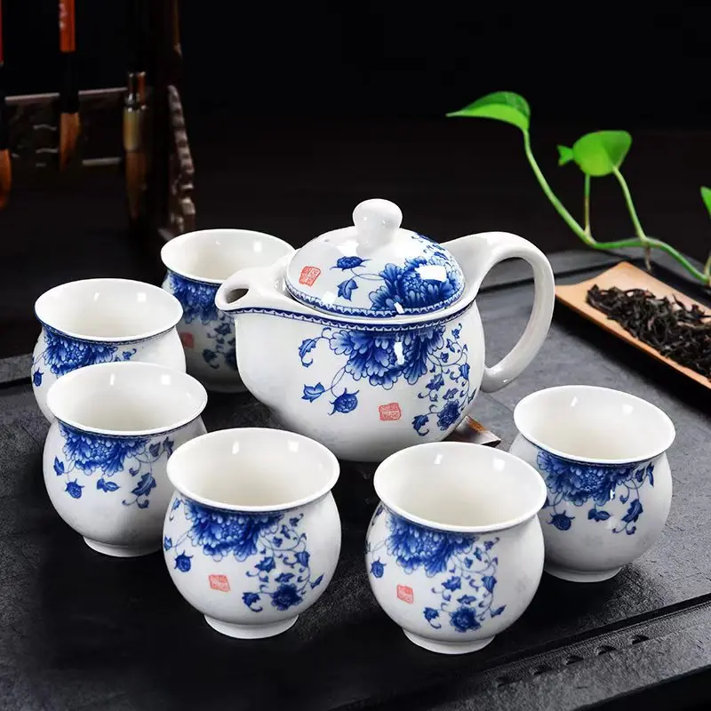 Juego de té de porcelana azul y blanca que incluye 1 olla y 6 tazas, taza elegante de alta calidad, tetera bonita y fácil, tetera de kung fu