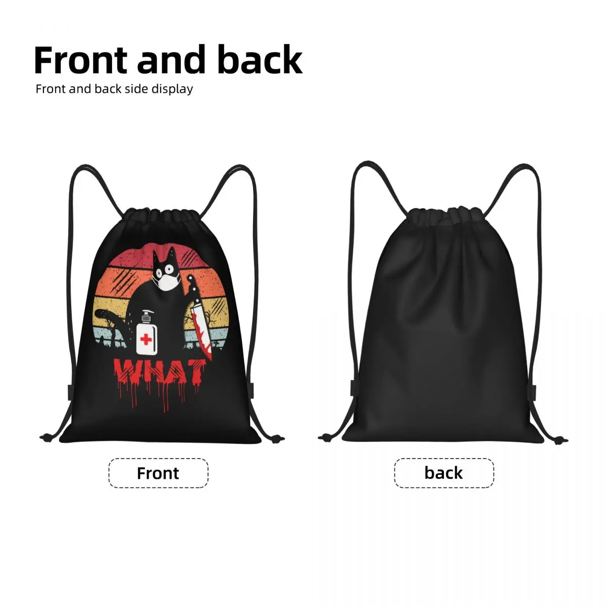 Black Cat What Drawstring Backpack Sports Gym Bag for Men Women Halloween Funny Murderous Cat With Knife Shopping Sackpack