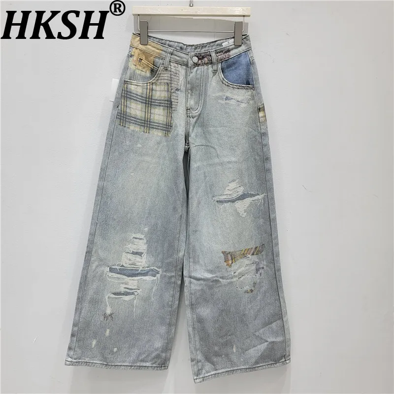 

HKSH Women Retro Jeans Streetwear Asymmetric Printed Ripped Distressed Vintage Casual Denim Wide Leg Pants Spring Summer HK21899
