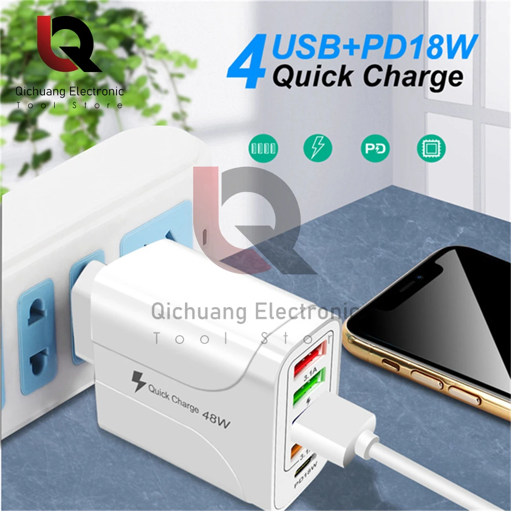 5Port 48W Charger QC3.0 PD18W Fast Charger 4USB 3.1A Fast Charge USB Charger Power Adapter Wall Charger for Apple Samsung Huawei