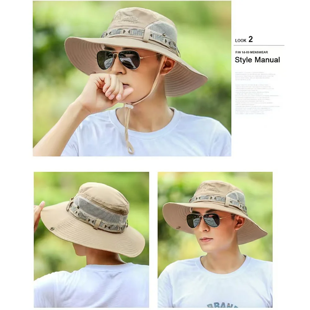 Men Bucket Hat Outdoor UV Protection Wide Brim Panama Safari Hunting Hiking Hat Mesh Fisherman Hat Beach Sunscreen Cap