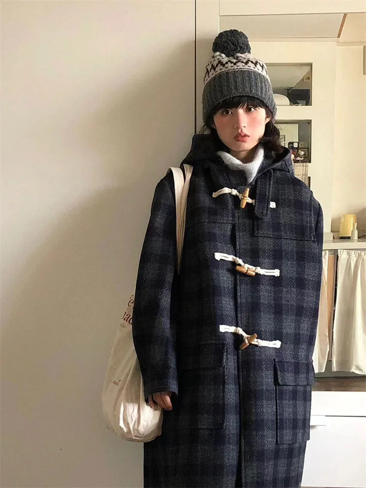 

Зима 2025: Новое шерстяное пальто в клетку с капюшоном на пуговицах, средней длины, для женщин, для повседневной носки, Sle DK Mesa