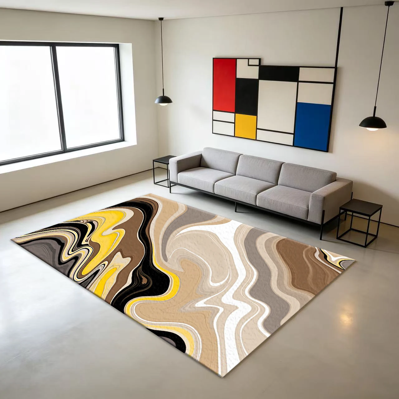Brown Yellow Beige Marble Swirl Pattern Abstract Carpet Modern Art Rug Non-Slip Floor Mat Suitable for Home Interior Decoration