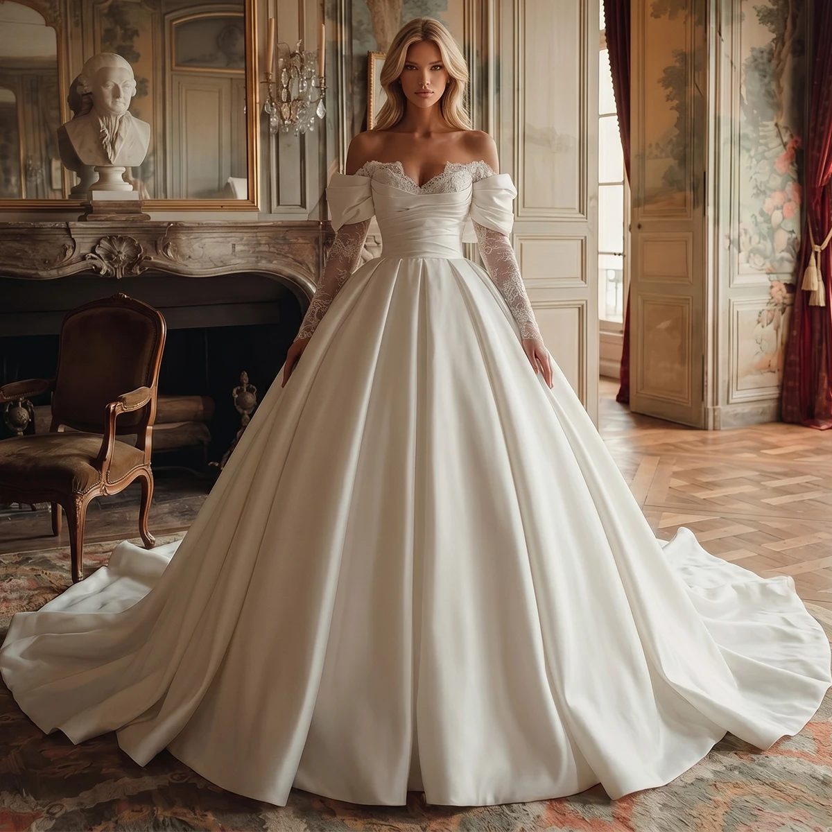 Romantic Satin Long Sleeve Wedding Dress For Bride Lace Off Shoulder Ball Gown For Women Puffy Bridal Party Gown Vestidos Novia