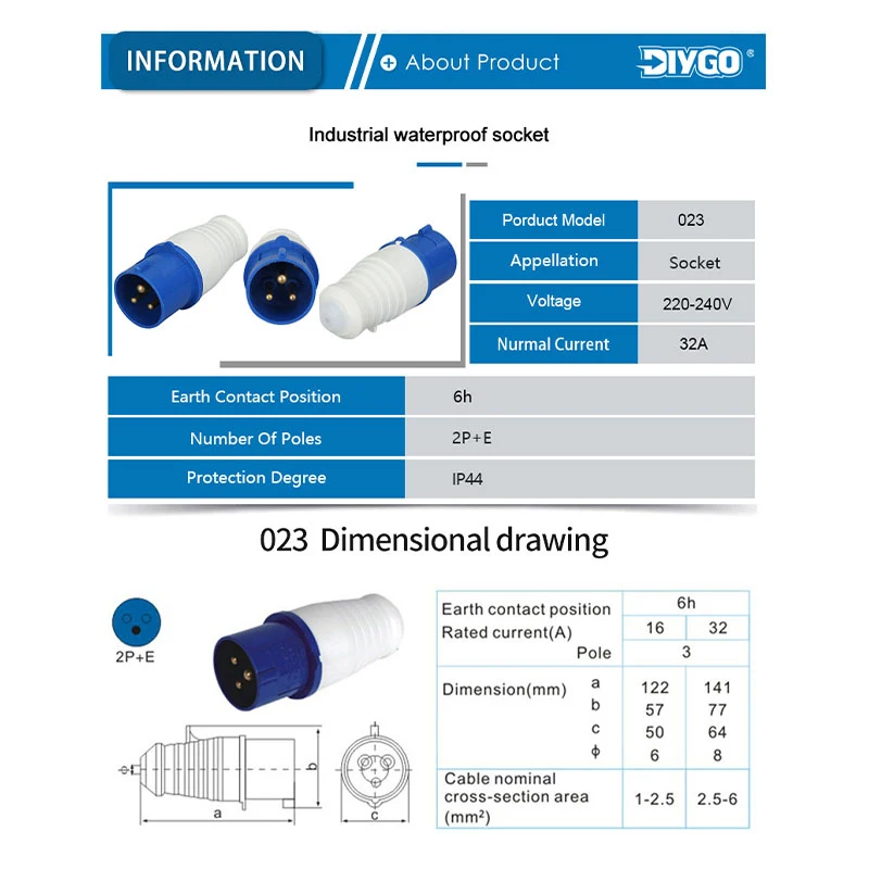 32A High Quality IP44 3P Waterproof Industrial Plug&Socket Male Female 2P+E Wire Cable Outdoor Connector 220V-240V Junction Box
