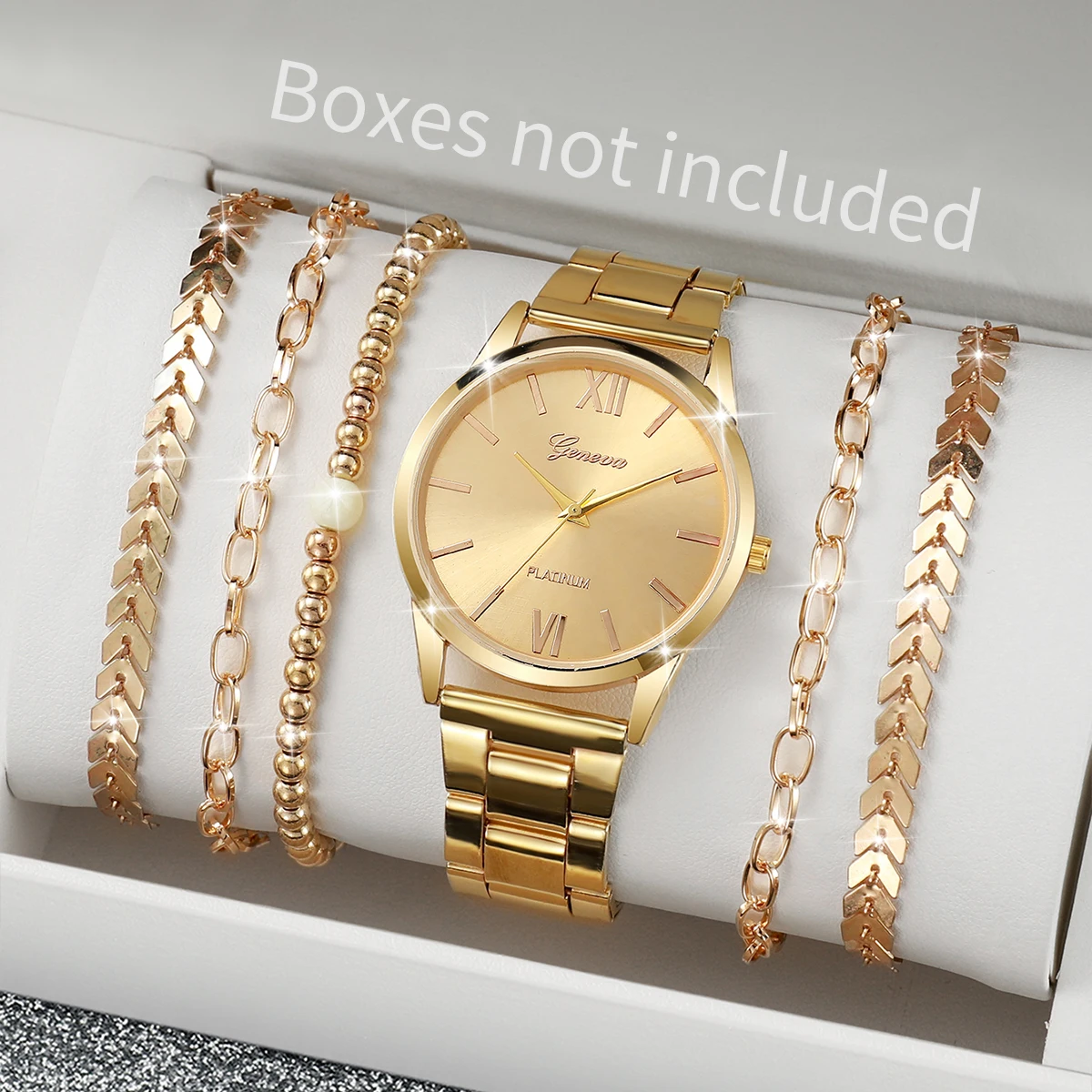 6PCS Women\'s Watch Fashion Gold Steel Band Quartz Watches Bracelets Set（Without Box）