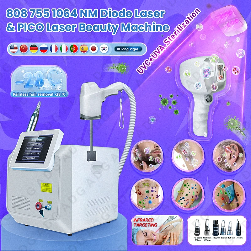 UV Disinfection Function Bracket 755 808 1064 Diode Laser 2in1 Pico Laser Tattoo Removal Machine Painless 2024 Best Hair Removal