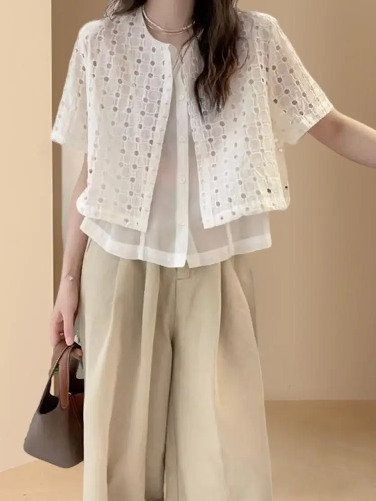 

False Two-Piece irt Summer New Sle ort Sve Hollow out Base Layer Women's Top Design Sense Korean Sle Office Wear
