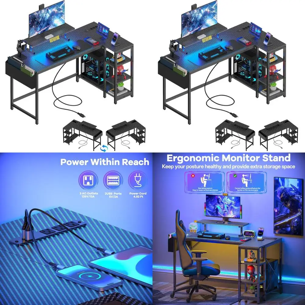 

Угловой игровой стол из углеродного волокна со светодиодной подсветкой, 40-подставкой для монитора, розеткой и хранилищем для компактных помещений