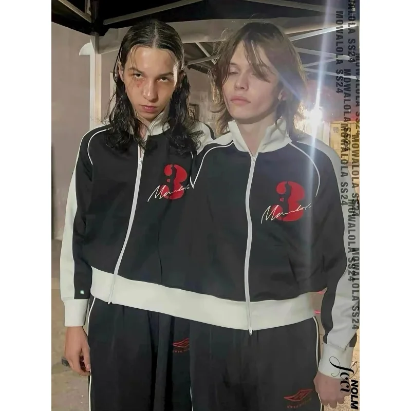 2025 autumn and winter black and white sports jacket jacket with letter stripe print collar zipper casual retro sportswear