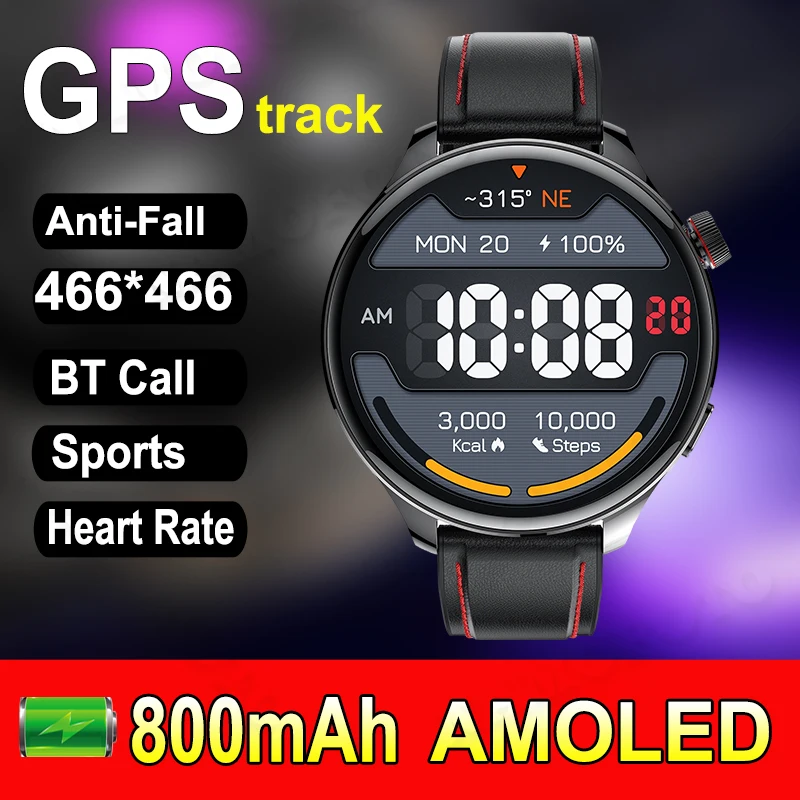 

Mens GPS Track Smart Watch 800mAh 1.75'' 466*466 HD AMOLED Indoor Outdoor Sports Anti-drop Watches BT Call Heart Rate Smartwatch