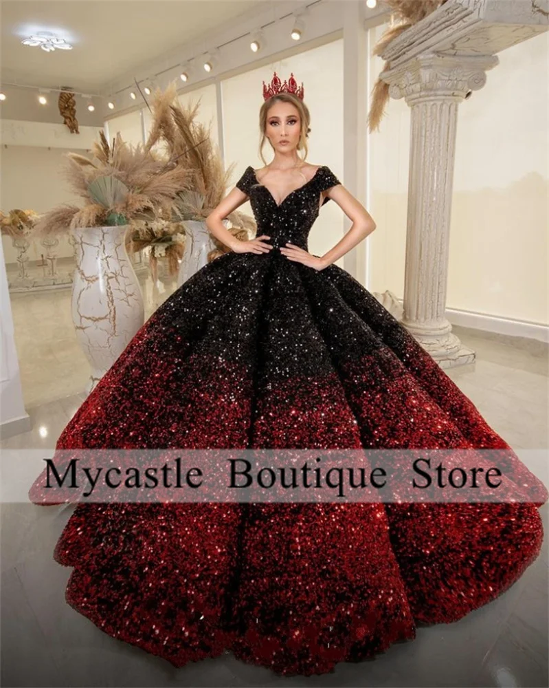 Red And Black Sequin Long Sleeve Gradient Color Quinceanera Dress Ball Gown Dress 18th Birthday Debut vestido de charra 15 años