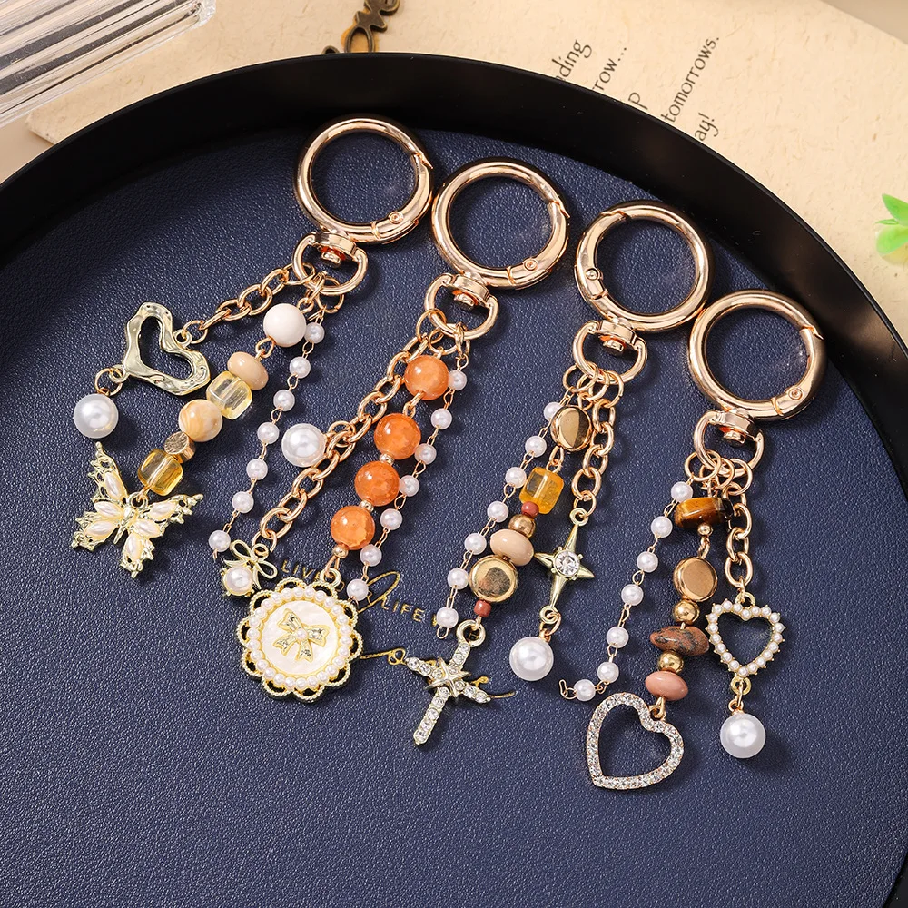 Vintage Beaded Keychain for Women Faux Pearl Natural Stone Butterfly Heart Bag Charm Key Ring