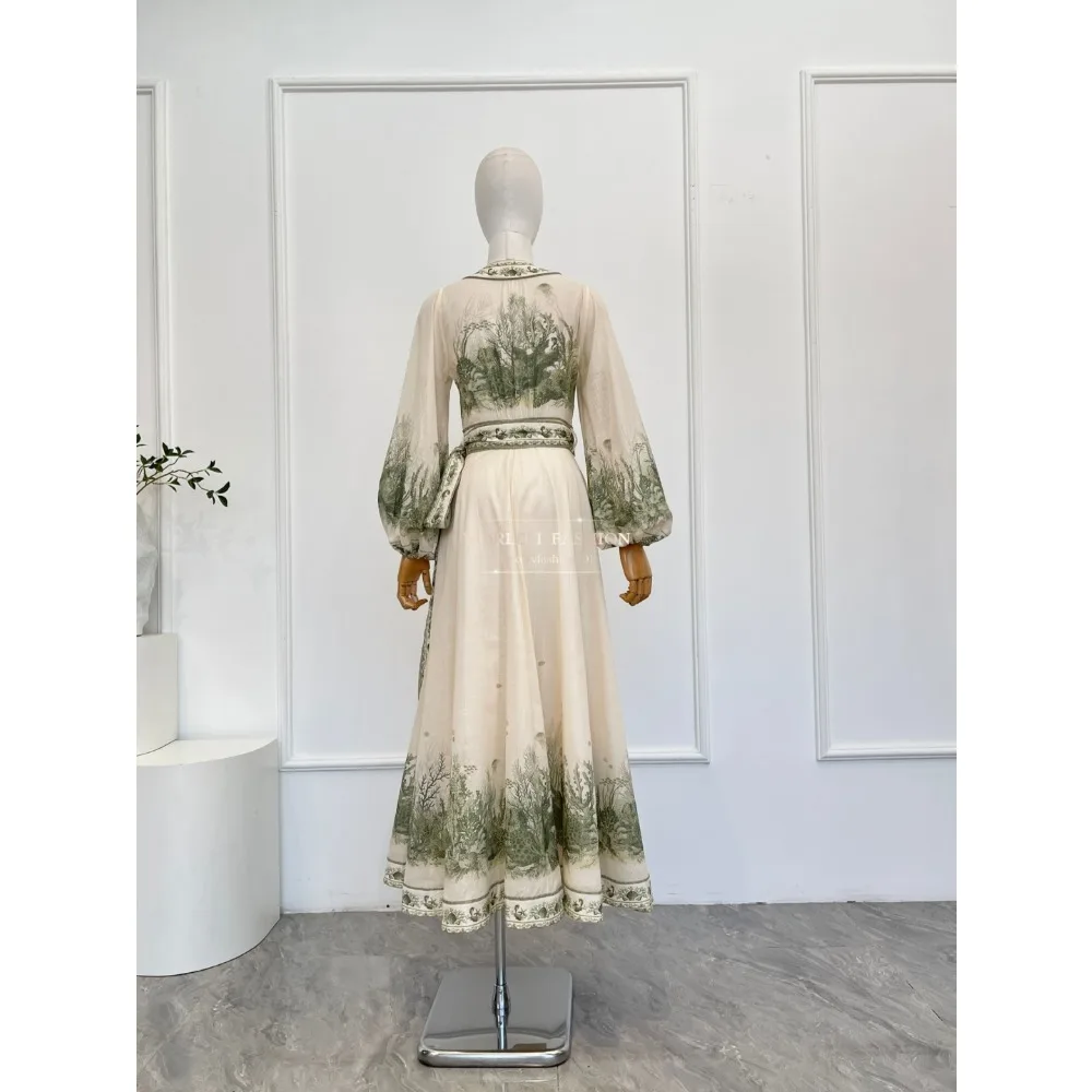 Wit groen vegetatiepatroon print lange mouw wikkel midi-jurk katoen van hoge kwaliteit
