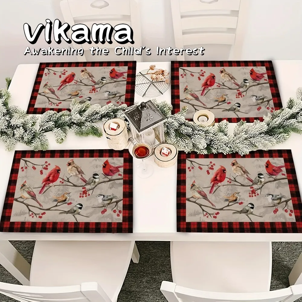 VIKAMA 4-teiliges Vintage-Tischset-Set mit Vogeltweig und Karomuster, maschinenwaschbar, quadratisch, für Weihnachtsfeiern im Landhausstil