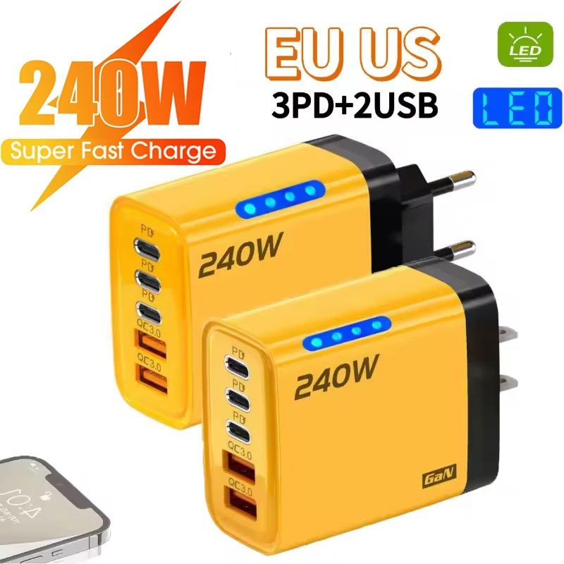 5 Port USB C PD Charger 240W Fast Charging Quick Charge 3.0 Wall Adapter For iPhone 17 16 15 Samsung Xiaomi Huawei Phone Tablet