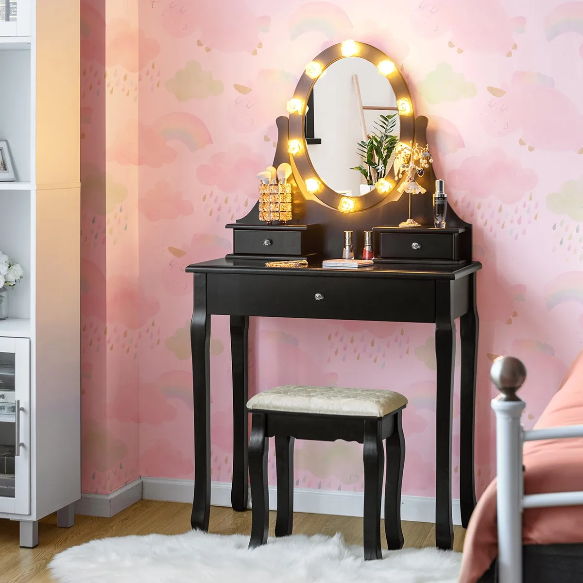 Tocador de maquillajeConjunto de tocador con espejo iluminado por LED, 3 cajones, tocador de maquillaje y taburete