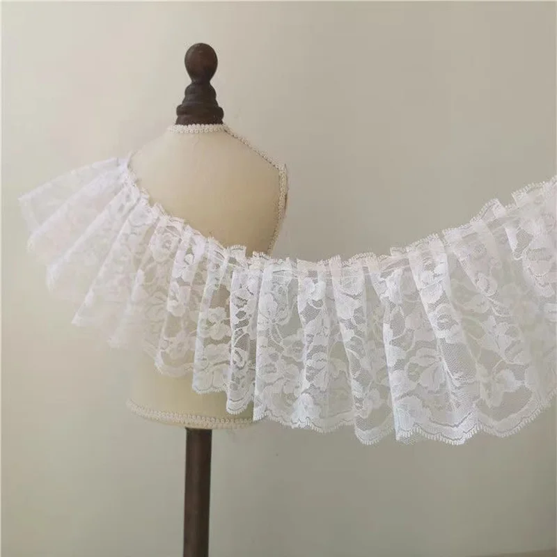 12CM Wide HOT Double Layer Embroidery White Flower Lace Fabric Trim Ribbon DIY Sewing Mesh Applique Collar Dubai Wedding Decor