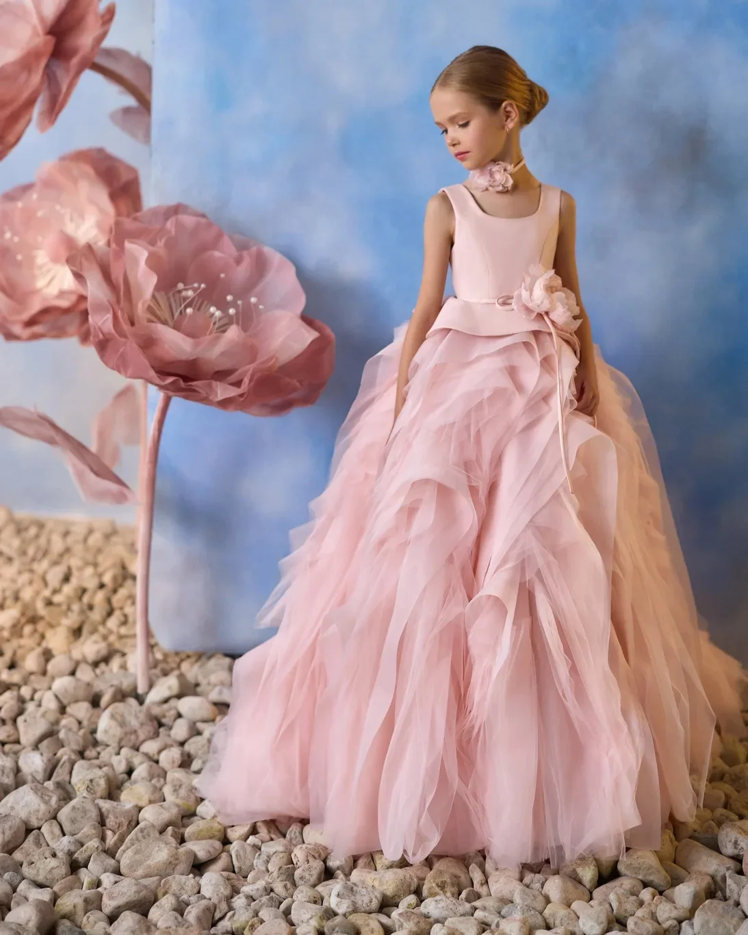 Princess Pink Flower Girl Dress for Wedding Sleeveless Satin Puffy Kids Birthday Party First Communion Ball Gowns Custom