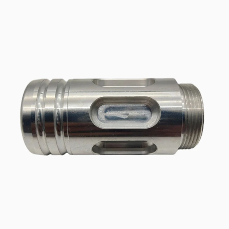 

High Precision CNC Machining of Metal Parts Stainless steel threaded pipe fittings with a window