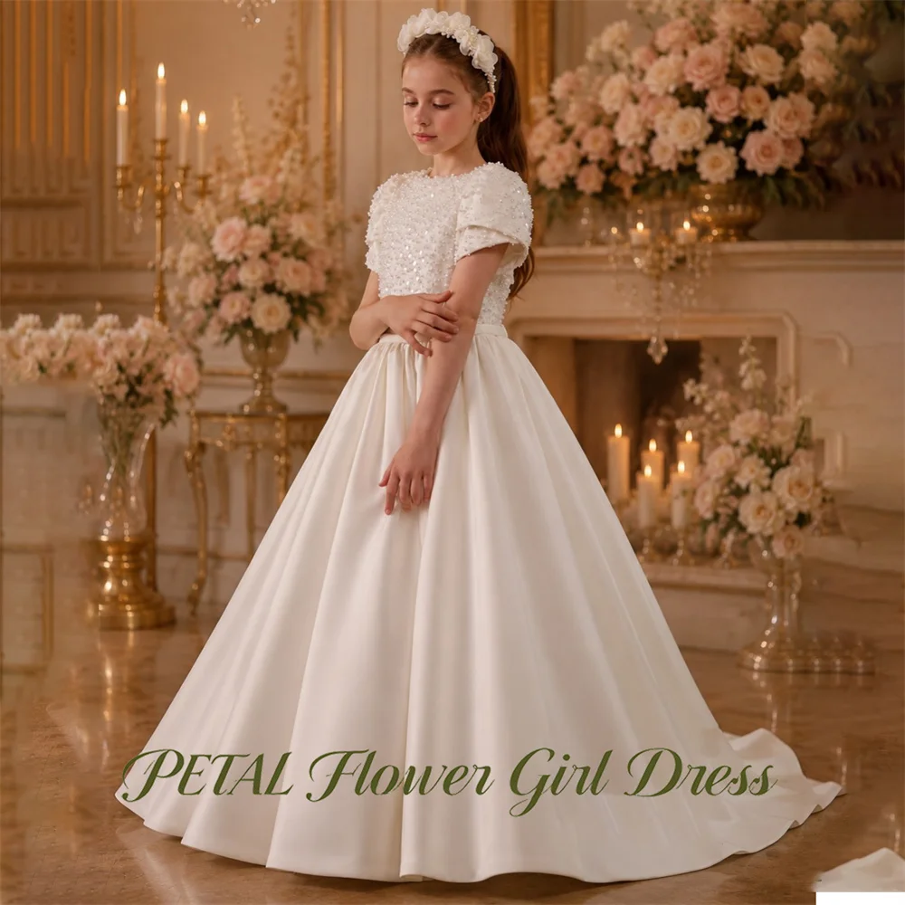 Petal Off White with Pearls First Communion Gown Bow Girls Princess Dress Round Neck Evening Party Dress for Girls Customized