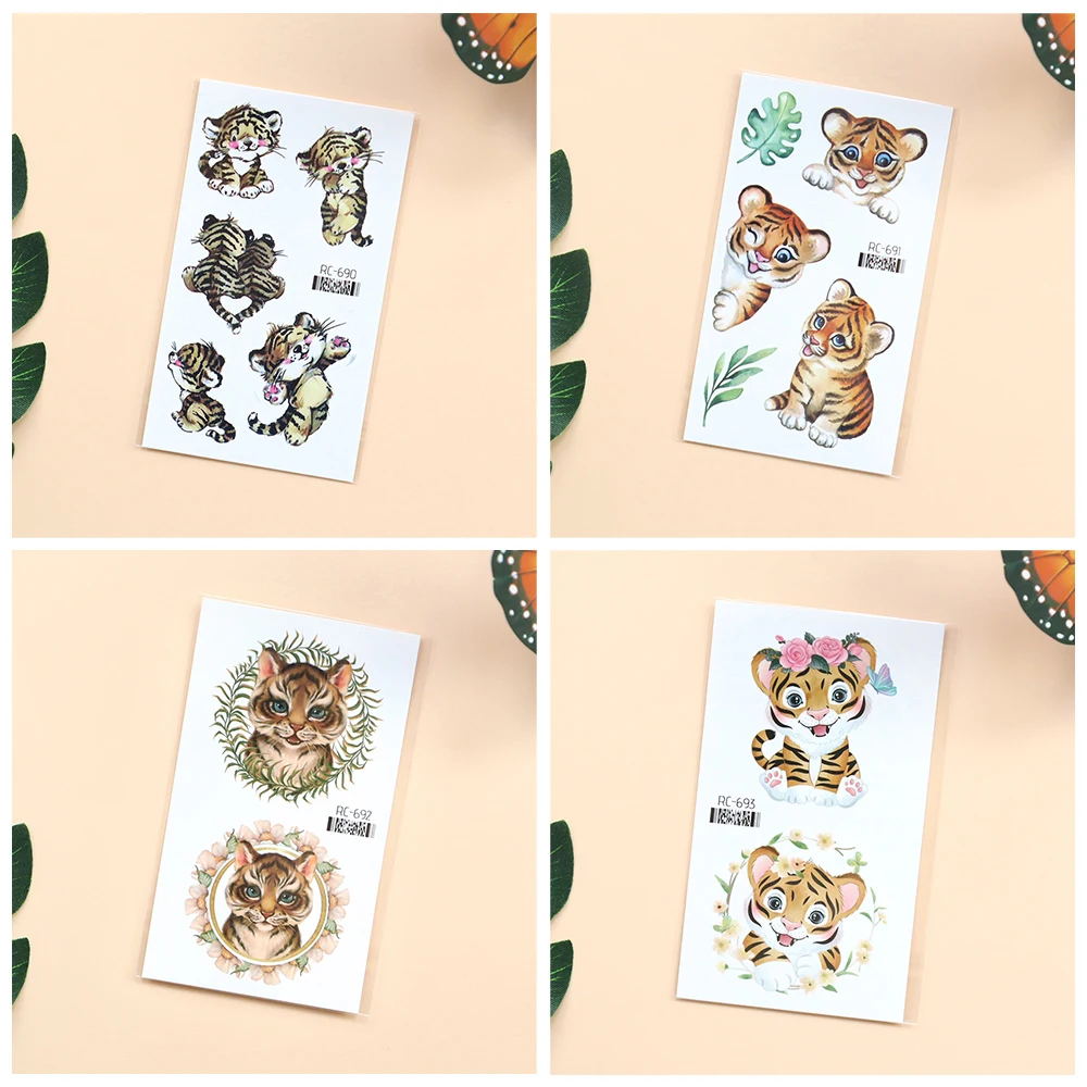 VeeCharm-pegatina de tatuaje de tigre de dibujos animados, tatuaje temporal de animales bonitos, accesorio elegante para momentos de Instagram, 1/10 hojas