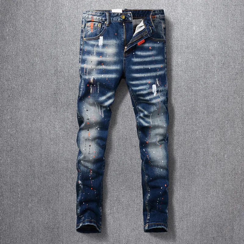 Streetwear Fashion Men Jeans Retro Washed Blue Stretch Slim Fit Ripped Jeans Men Painted Designer Vintage Denim Pants Hombre