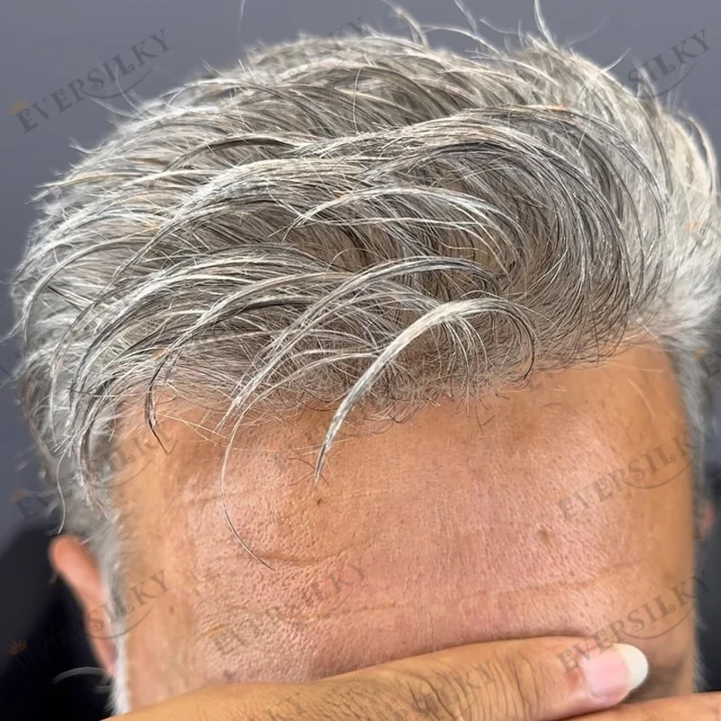 1B65 1B80 شعر بشري رمادي للرجال شعر مستعار خط شعر طبيعي متين كامل الجلد قاعدة رجل الباروكات 120 الكثافة 30 مللي متر وحدات نظام الشعر المموج #3