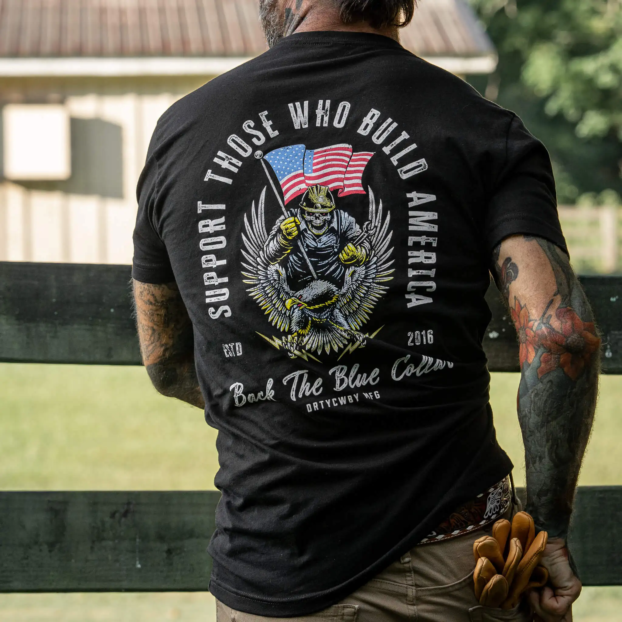 Men's Women's Oversized Crew Neck T-Shirt Back The Blue Collar Skull Eagle Flag American Hardcore Vintage Short Sleeve Tee