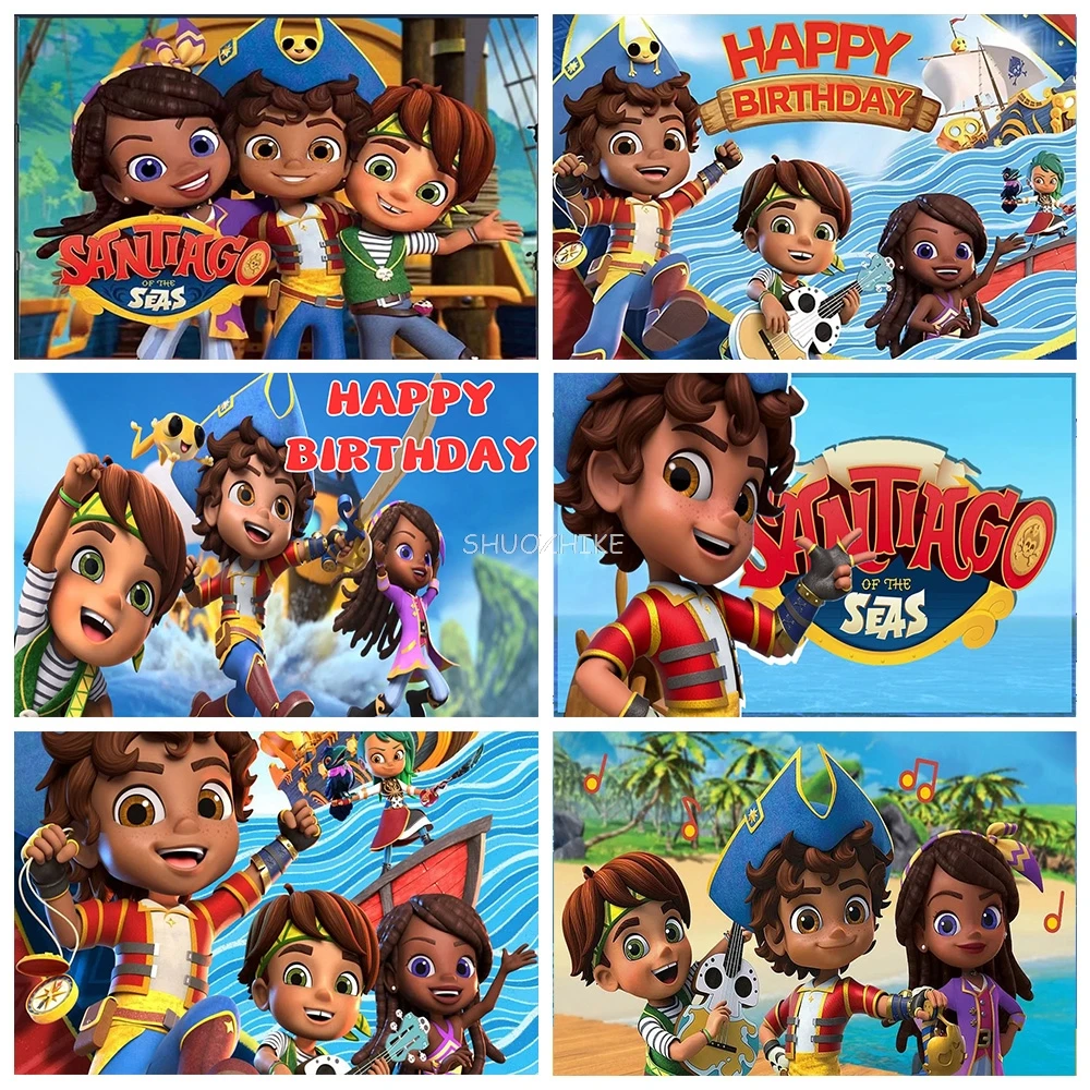

Pirate Santiago Photography Backdrops Kids Birthday Party Decoration Banner Blue Sea Adventure Boy Gift Photo Background SD-01