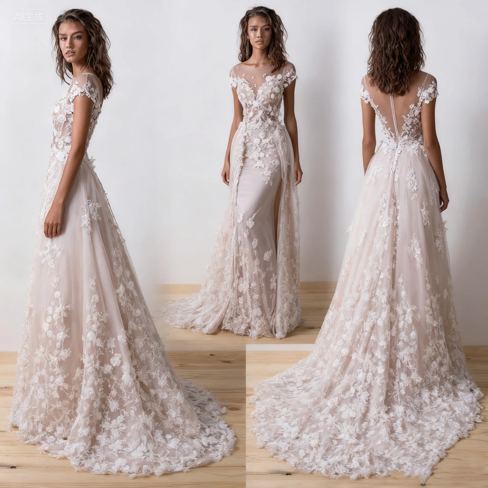 

2025 Elegant Romantic Women's Customized Wedding Dress Made Of Sheer Material Adorned With Floral Short Sleeves Backless