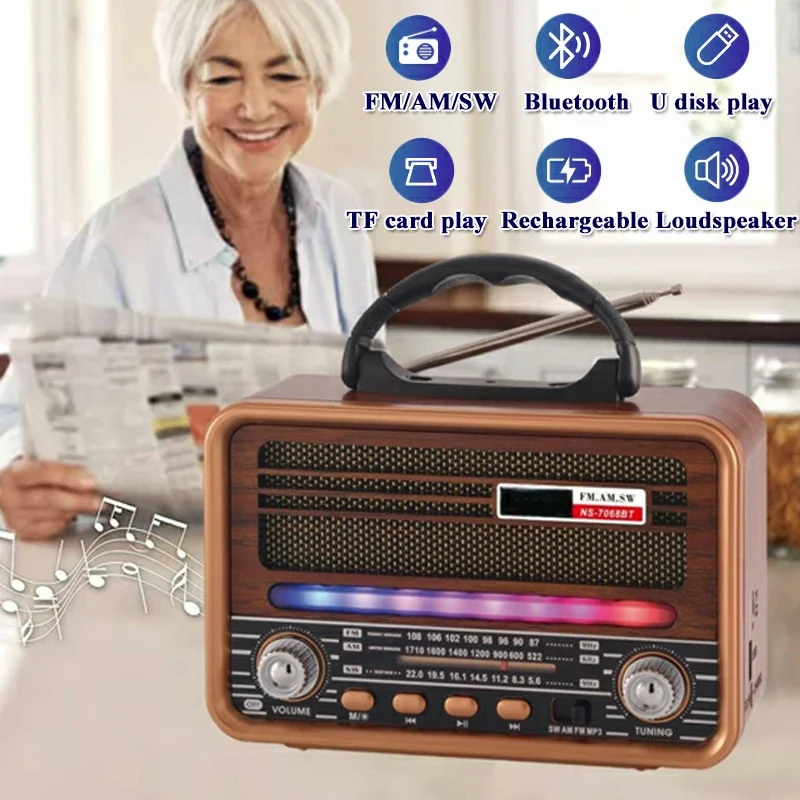 

Multifunctional Am Fm SW Retro Radio NS-7068BT Portable Classic Vintage Bluetooth Speaker with RGB Light Support TF Card USB