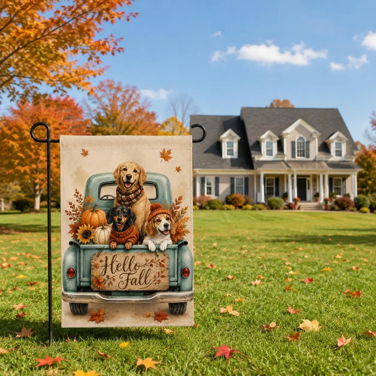 Fall Truck Dog Garden Flag 12x18 Burlap, Harvest Autumn Pumpkin Dog Truck Yard Flag for Outside Decor, Outdoor Fall Decorati aaz