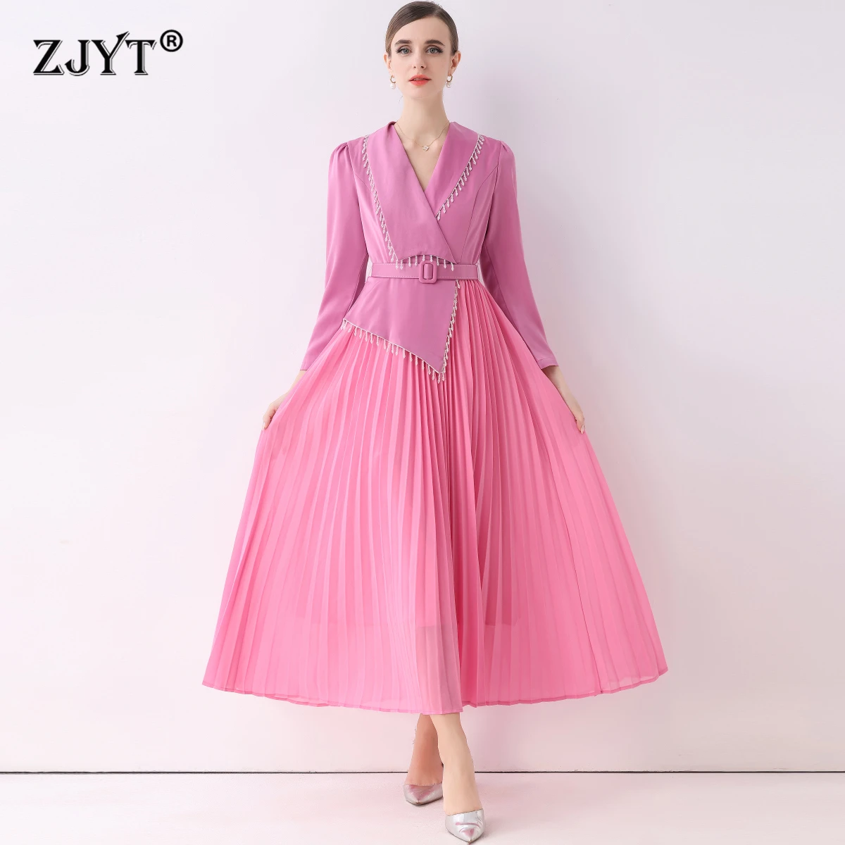 

ZJYT Elegant Designer Spring Dresses for Women Long Sleeve Beading Tassel Patchwork Long Pleated Dress Party Robes Pink Black