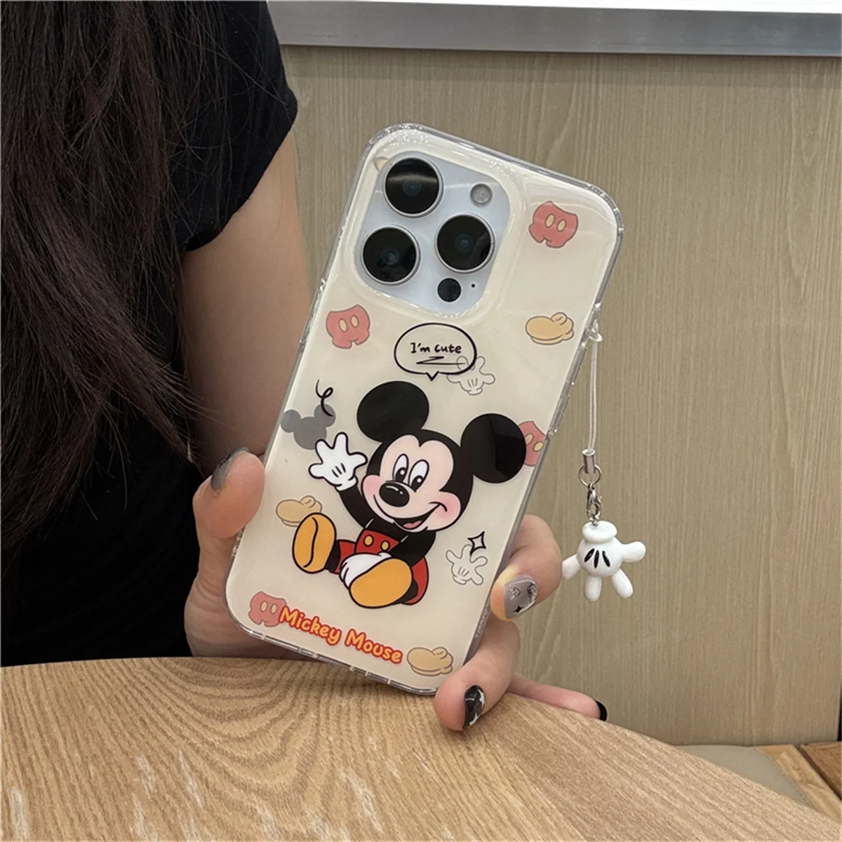 

Fashion Cute Mickey Phone Case For iPhone 16 Pro 14 15 Pro Max Back Cover with Pendant Shockproof Cartoon Cases