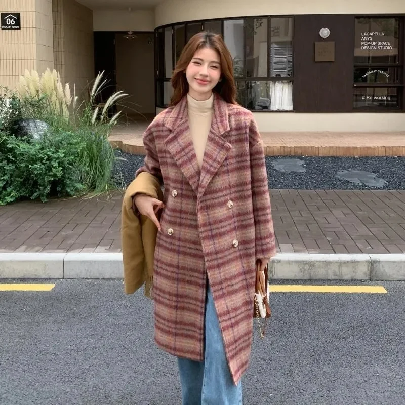 Red Plaid Woolen Jacket Women 2024 Autumn and Winter New Mid Long Style High-end Double Breasted Suit Collar Vintage Woolen Coat