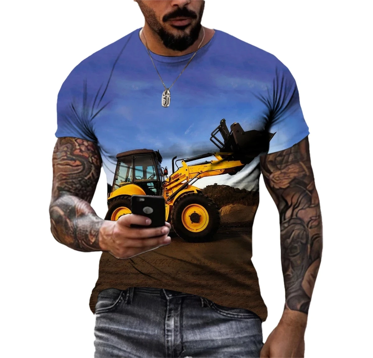 Trendy Fashion Funny Excavator Picture Men T-Shirt Trend Short Sleeve Tops