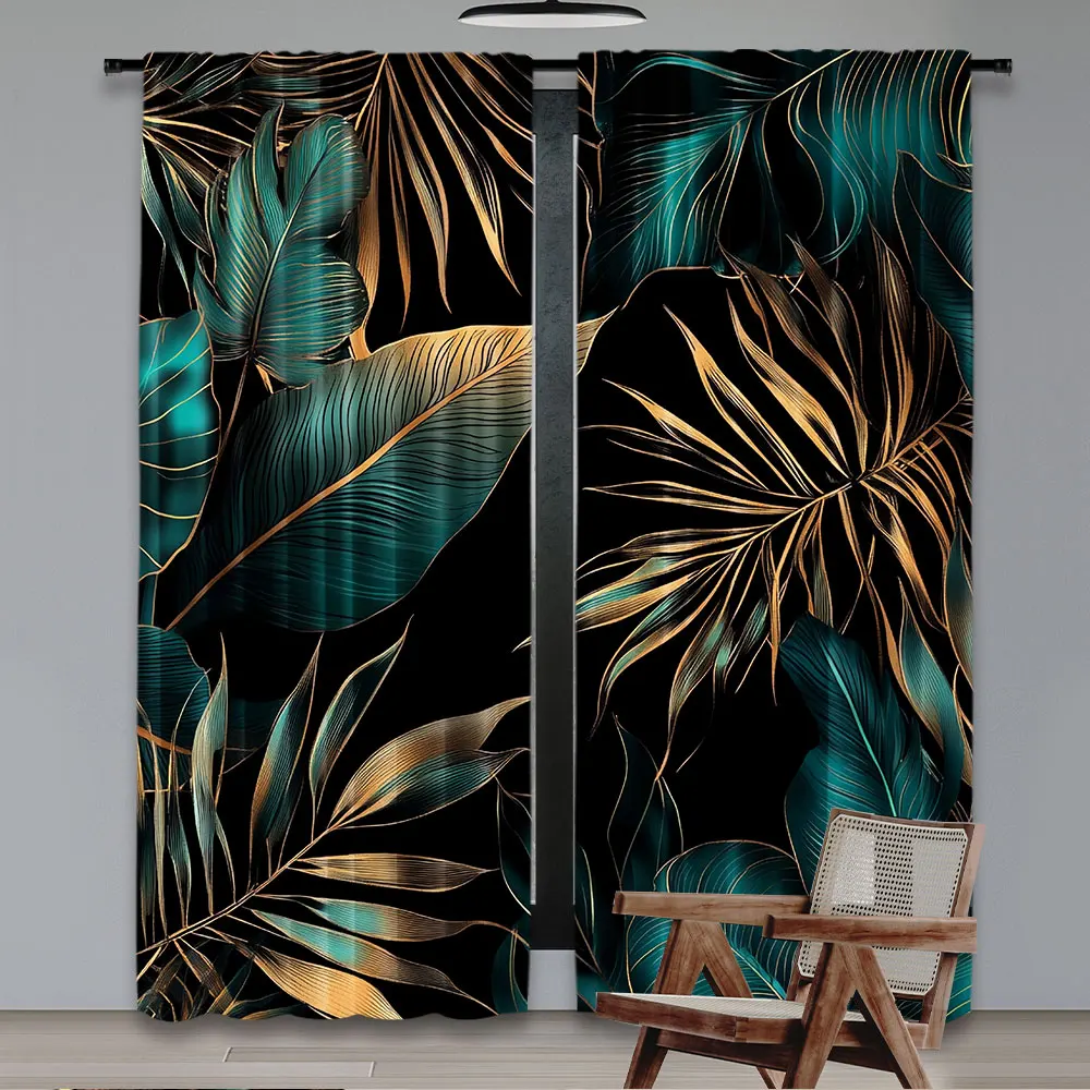 2Pcs Green Gold Tropical Palm Leaves Curtain Abstract Banana Leaf Modern Botanical Plant Nature Aesthetic Emerald Green Curtain