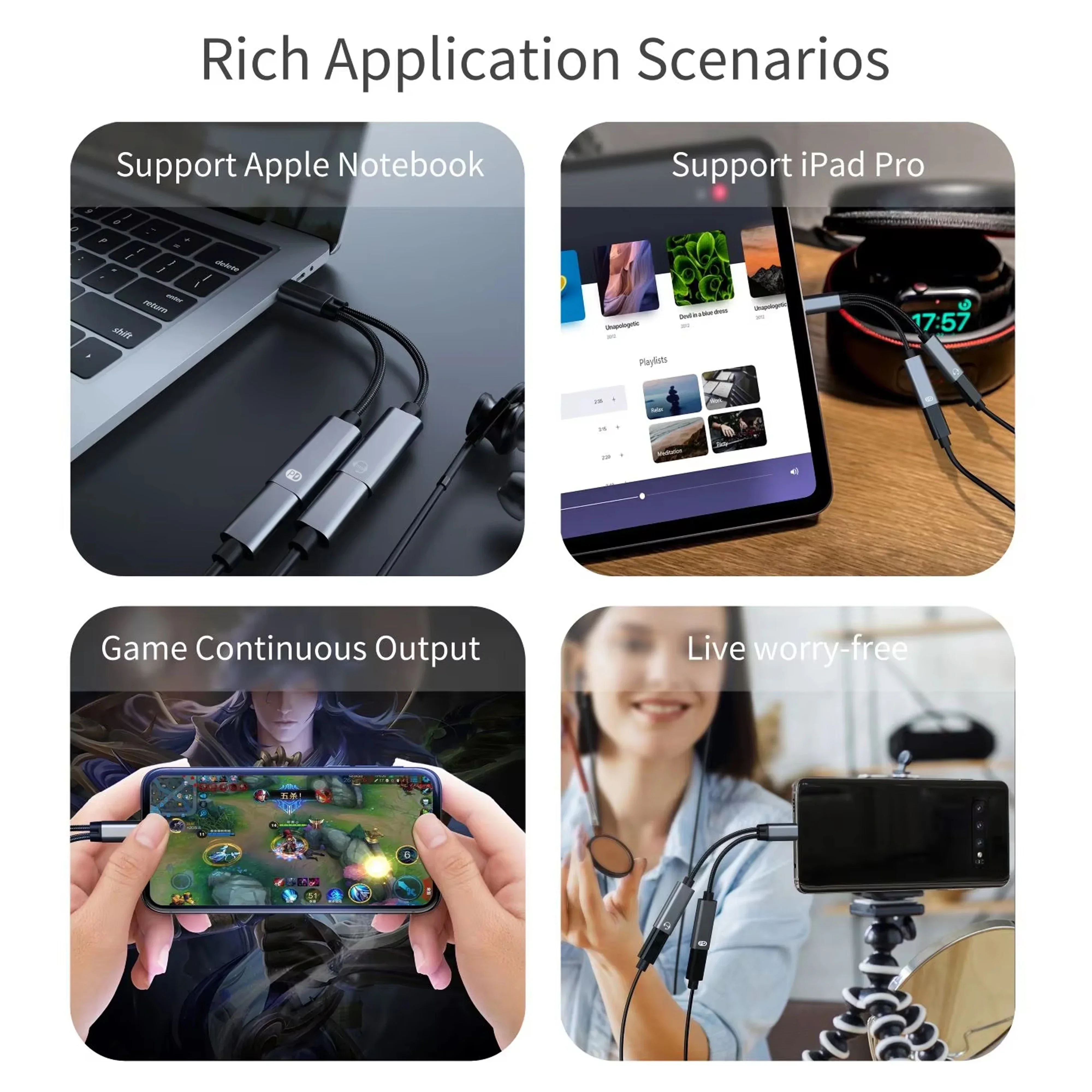 PDQuick Charge Headphone Adapter Cable 2 in 1 USB C Splitter Type C Audio Adapter for Iphone  Huawei Samsung  Mobile Accessories