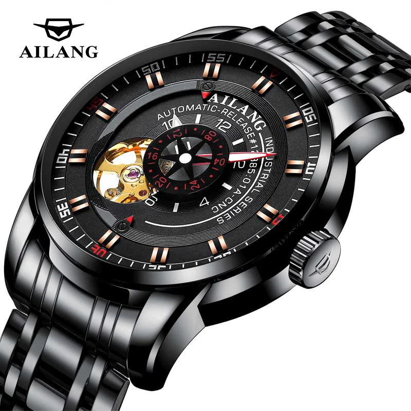 AILANG New Fashion Black Mechanical Watches For Men Hollow Automatic Watch Stainless Steel Waterproof Clock Mens Reloj Hombre