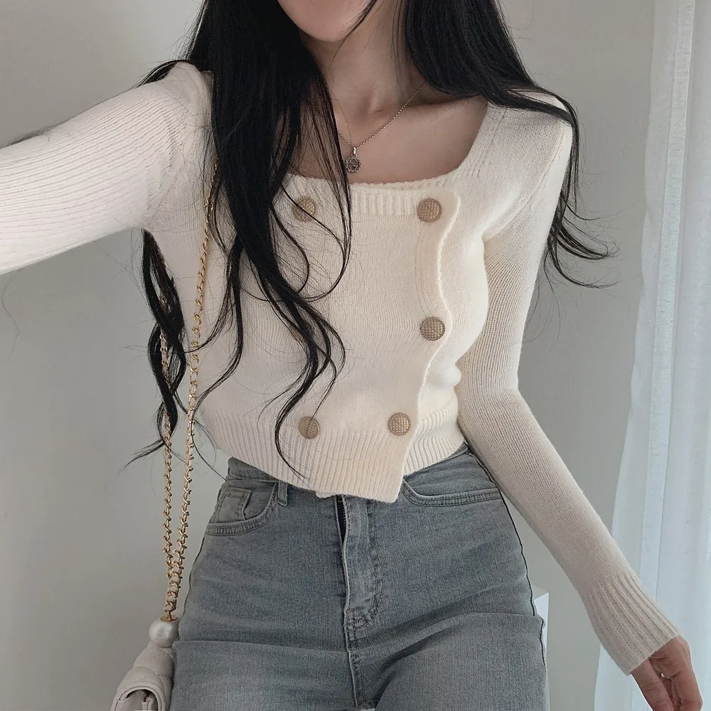 

Женский вязаный свитер, шикарный осенне-зимний квадратный воротник, приталенный длинный открытый кардиган Sve, топ с металлическими пуговицами, модный