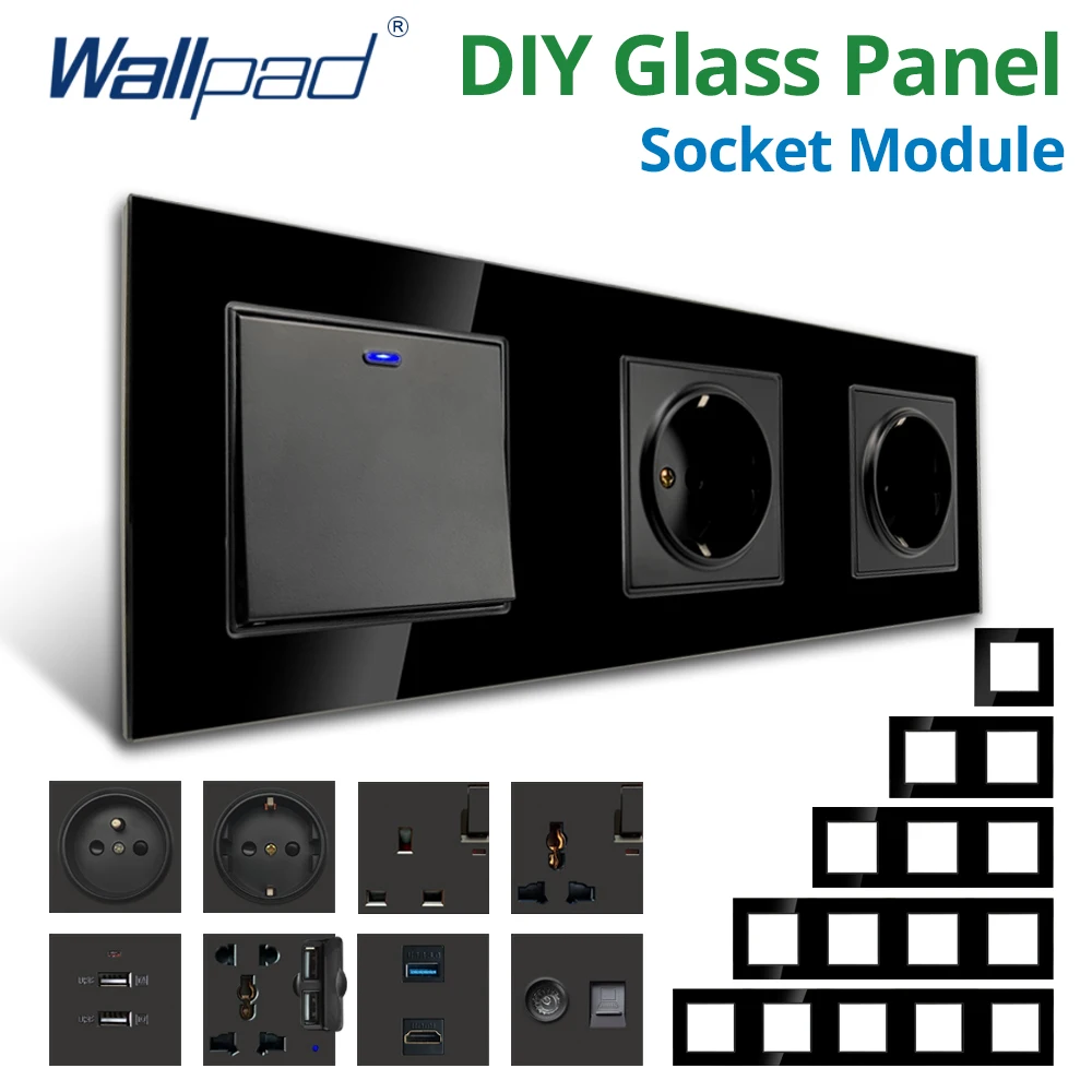 Wallpad DIY Module Black Glass Panel Wall Power Socket Electrical Outlet S6 Function Key Free Combination